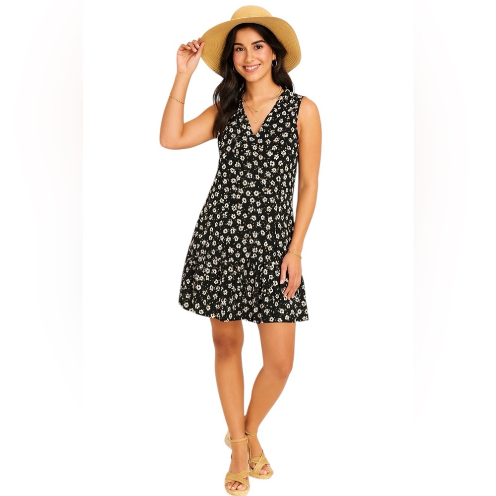 Sonoma Black Floral Linen Blend Cottagecore Dress PM Boho Retro Vintage-Inspired